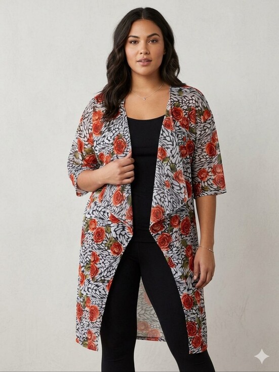 LuLaRoe Tops - Sheer Kimono Red Roses Black & White Amazing Elegant Polyester Medium NWT Rare
